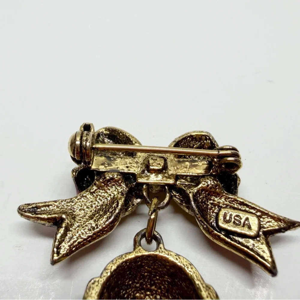 Vintage Enamel Rhinestone Bow Bell Brooch USA